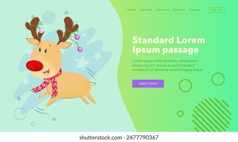 Cheerful cute reindeer vector illustration. Christmas design element. Cartoon character, animal, New Year, holiday concept for posters or banners.