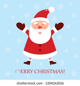 Cheerful and cute Santa Claus with arms raised. Cartoon character. Christmas card.