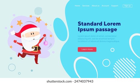 Cheerful cute Santa Claus holding Christmas bauble. Christmas, celebration, holiday concept can be used for banner, website or landing page design