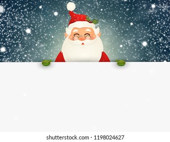 Cheerful, cute Santa Claus standing behind behind a big signboard, advertisement banner. Cartoon Santa Claus character with white copy space. Holiday winter landscape with firs, light, snow.