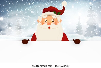 Cheerful, cute Santa Claus standing behind behind a big signboard, advertisement banner. Cartoon Santa Claus character with white copy space. Holiday winter landscape with firs, light, snow. vector.