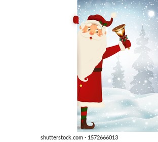 Cheerful, cute Santa Claus standing behind behind a big signboard, advertisement banner. Cartoon Santa Claus character with white copy space. Holiday winter landscape with firs, light, snow.