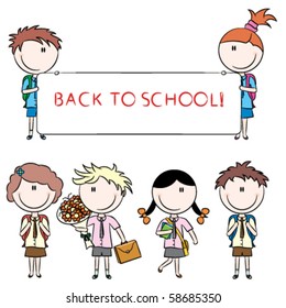 Cheerful cute school kids with empty banner, flowers and books isolated on white background