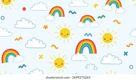 Padrão alegre e bonito sem costura para crianças com sóis sorridentes, nuvens fofinhas e arco-íris coloridos em um céu azul.