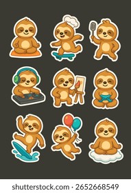 Adesivos de preguiça bonito alegre realizando Yoga, skate, cozinhar, jogos, surf e muito mais