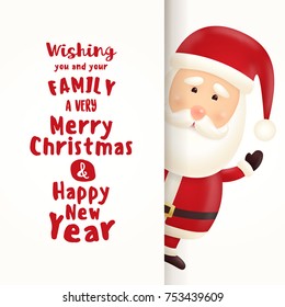 Cheerful, cute, smiling Santa Claus illustration waving and standing behind a signboard with replaceable text