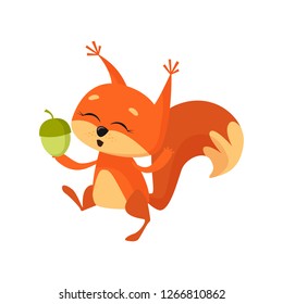 Cheerful cute squirrel holding nut and dancing. Cartoon character, animal, food. Can be used for topics like forest, wildlife, fun, joy