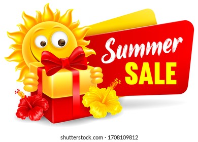 Cheerful and cute sun character announce summer sale and discounts. Holds big gift box with bow, in front of sale banner, isolated on white. Bright cartoon element for advertising design. Vector.