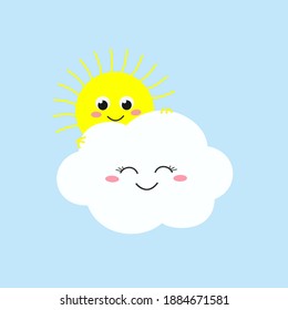 Alegre sol lindo mirando desde detrás de una alegre nube de dibujos animados. Ilustración plana del vector 