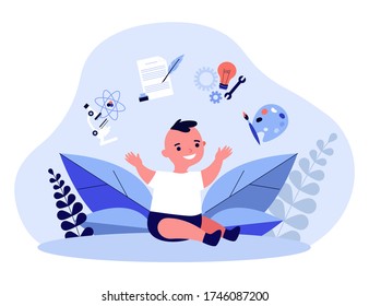 Cheerful cute toddler showing development symbols. Microscope, writing, engineering flat vector illustration. Child skills improvement concept for banner, website design or landing web page