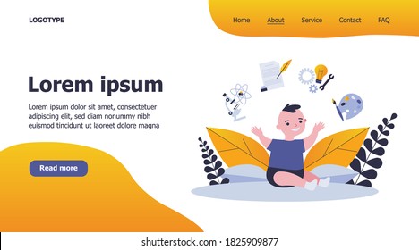 Alegre niño lindo mostrando símbolos de desarrollo. Microscopio, escritura, ingeniería de ilustración vectorial plana. Concepto de mejora de las aptitudes de los niños en la página web de anuncios, diseño de sitios web o de aterrizaje