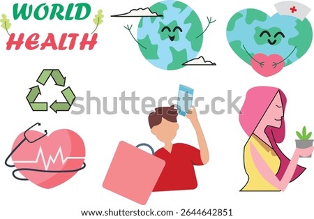 A cheerful and cute vector set about saving the earth and promoting healthy, eco-friendly living. Includes illustrations of Earth as a nurse holding a heart, happy Earth, recycling symbols, and more