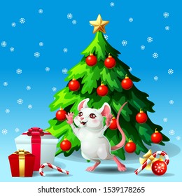 A cheerful cute white mouse and gift box with a fir-tree with spheres and star and Candy cane on blue with snowflakers. A vector illustration in cartoon 3d style