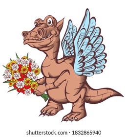 Cheerful, cute, winged dinosaur on a white background. Prehistoric reptile. Jurassic period. Vector illustration