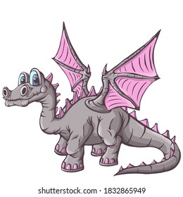 Cheerful, cute, winged dinosaur on a white background. Prehistoric reptile. Jurassic period. Vector illustration