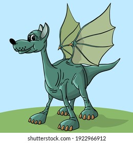 Cheerful, cute, winged dinosaur on a white background. Prehistoric reptile. Jurassic period. Vector illustration