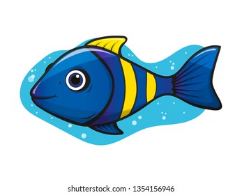 Cheerful, cute yellow-blue aquarium tropical clown fish with air bubbles on white background