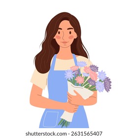 Cheerful cute young florist woman in an apron displays a fresh, vibrant flower bouquet. Professional floral arrangement for celebration or gift. Bright vector illustration. Isolated background