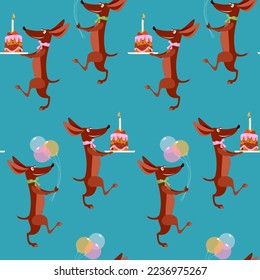Cheerful dachshunds carries birthday cakes and air balloons. Happy Birthday! Seamless background pattern. Vector illustration


