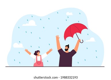 Cheerful dad and daughter getting wet in rain. Father holding umbrella for other purposes, enjoying happy moments with kid flat vector illustration. Family, having fun concept