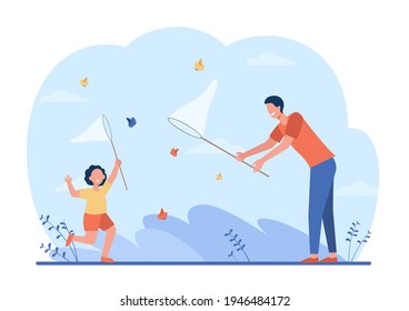 Cheerful dad and girl catching butterflies. Insect, net, holiday flat vector illustration. Family and weekend concept for banner, website design or landing web page
