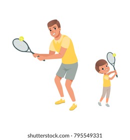 Cheerful dad and his son playing in tennis. Father and child dressed in shorts and t-shirts. Active sport. Fatherhood concept. Physical activity. Flat vector design