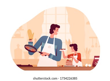 Cheerful dad and son cooking pancakes together at home in the kitchen. The concept of happy fatherhood and surprise for mom. Joint activity with a child. Isolated on a white background