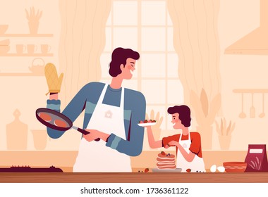 Cheerful Dad And Son Cooking Pancakes Together At Home In The Kitchen. The Concept Of Happy Fatherhood And Surprise For Mom. Joint Activity With A Child