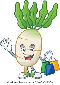 Cheerful daikon mascot waving and holding Shopping bags
