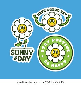 Cheerful Daisy Sticker Set with Positive Messages Sunny Happy Vibes