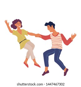 Cheerful dancers man and woman  characters flat vector illustration isolated on white background. Dance club or party invitation card design element.