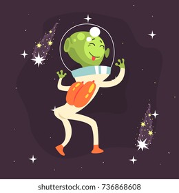 Cheerful dancing alien with cute face showing tongue