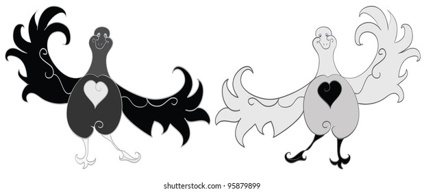 Cheerful dancing birds on a white background. Yin yang.