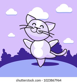 A cheerful dancing cat on a glade of purple hue