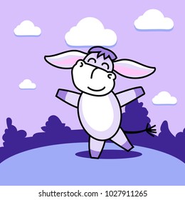 A cheerful dancing donkey cat on a glade of purple hue