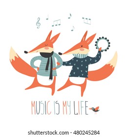 Cheerful dancing foxes on a white background