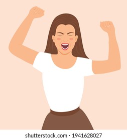 Cheerful Dancing Girl isolated on white. Joyful happy woman dancing with hands up. Excited Girl shouting emotional. Rejoice success, cheers with clenched fists celebrates victory.  Vector Illustration