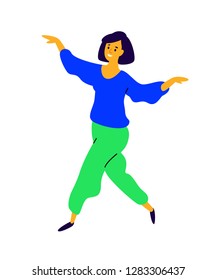 Cheerful dancing girl rejoices life. Vector. Illustration of a laughing young woman. Character for the dance studio. Image is isolated on a white background. Easy image, the mascot of the company.