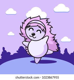 A cheerful dancing hedgehog on a glade of purple hue