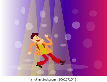 cheerful dancing man who achieved success under the lights laughs. head of an alcoholic