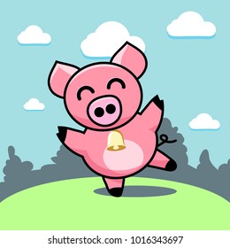 Cheerful dancing pig on the lawn. Flat style