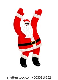 Cheerful dancing santa claus in black glasses. Amazing funny character for New Year card, banner or poster. Happy New Year and Merry Christmas. Vector illustration on isolated background.