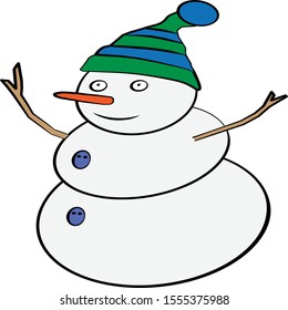 Cheerful dancing snowman in a winter colored hat