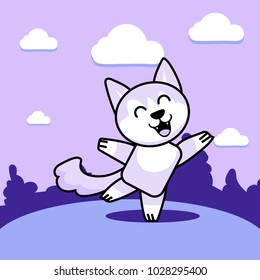 A cheerful dancing wolf on a glade of purple hue
