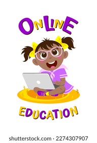 Cheerful dark-skinned girl with a laptop on her lap is studying online. Vector illustration on a white background with the inscription
