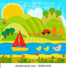 Cheerful Day  - Cute playful imaginative landscape with hills, river and animals. Eps10