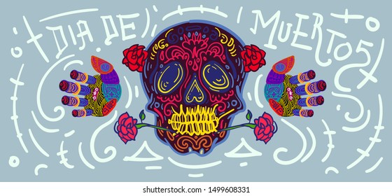 Cheerful Day of the Dead poster, colorful skeleton and skulls dancing happily colourful in doodle style illustration, holiday's name in Spanish and Mexico.