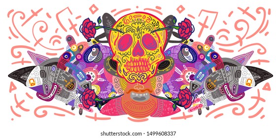 Cheerful Day of the Dead poster, colorful skeleton and skulls dancing happily colourful in doodle style illustration, holiday's name in Spanish and Mexico.