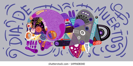 Cheerful Day of the Dead poster, colorful skeleton and skulls dancing happily colourful in doodle style illustration, holiday's name in Spanish and Mexico.