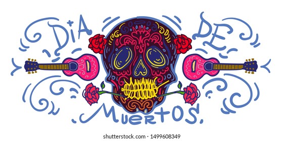 Cheerful Day of the Dead poster, colorful skeleton and skulls dancing happily colourful in doodle style illustration, holiday's name in Spanish and Mexico.